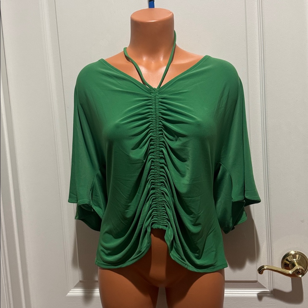 WHBM Matte Green Ruched Tie Cinched Front Kimono Knit Top XL $78 EUC KL - Picture 4 of 10